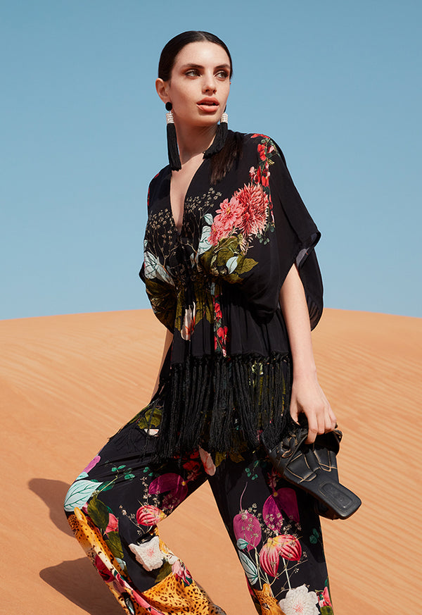Choice Floral Print Blouse With Tassel Detail Black