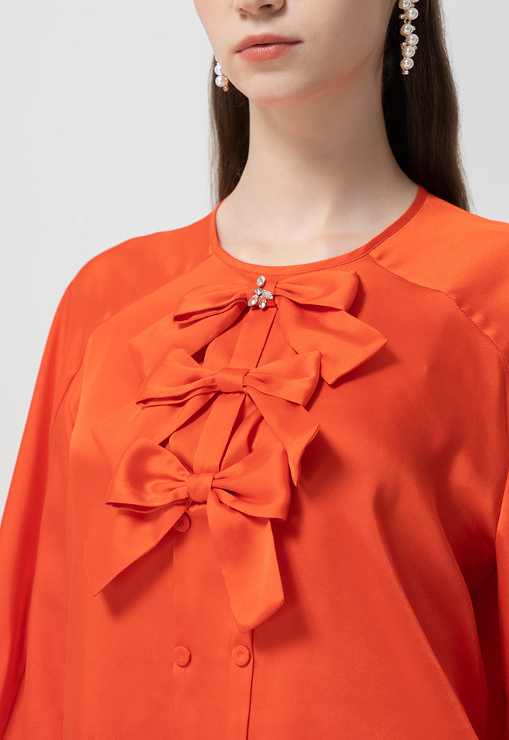 Choice Round Neck Embellished Crystal Ribbon Blouse Orange