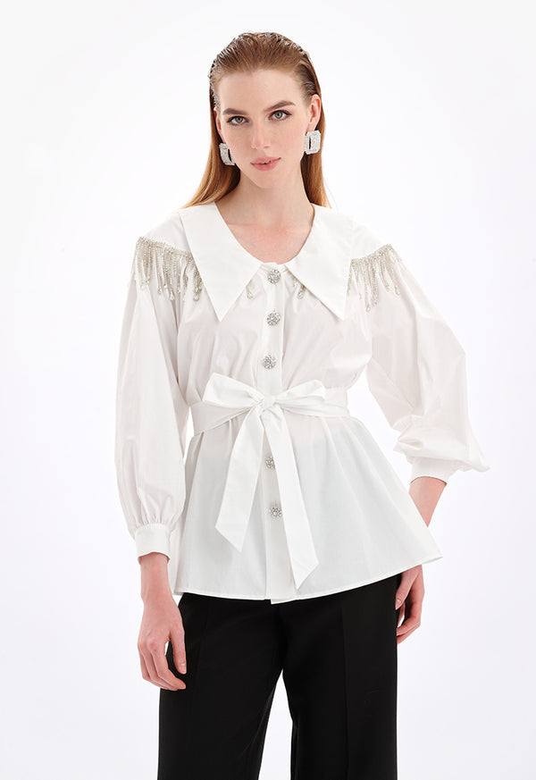 Choice Collared Crystal Embellished Shirt Off White
