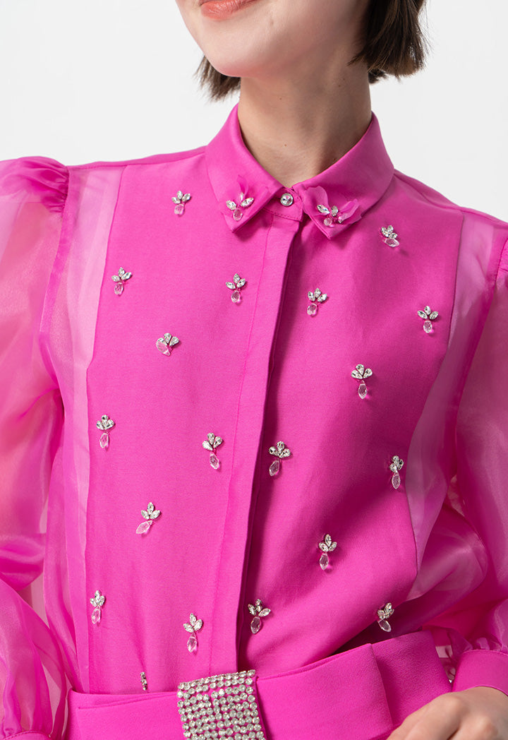 Choice Embellished Crystal Organza Shirt Fushia