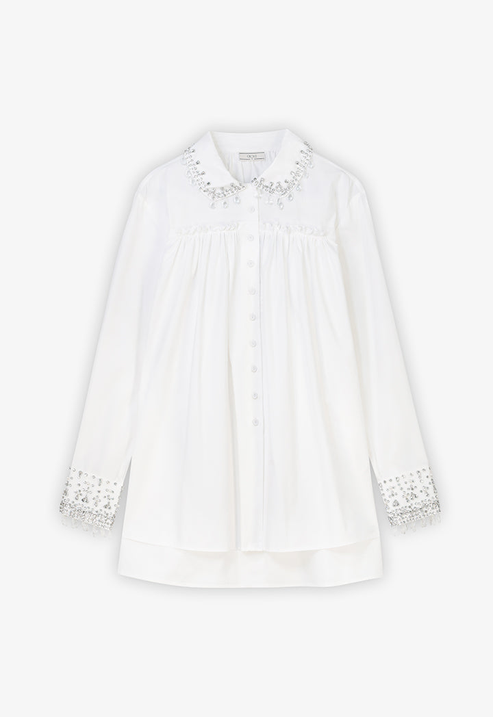 Choice Embellished Crystal Faux Pearl Shirt Offwhite