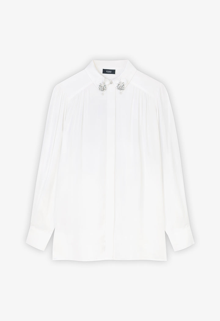 Choice Embellished Rhinestone Faux Pearl Shirt Offwhite