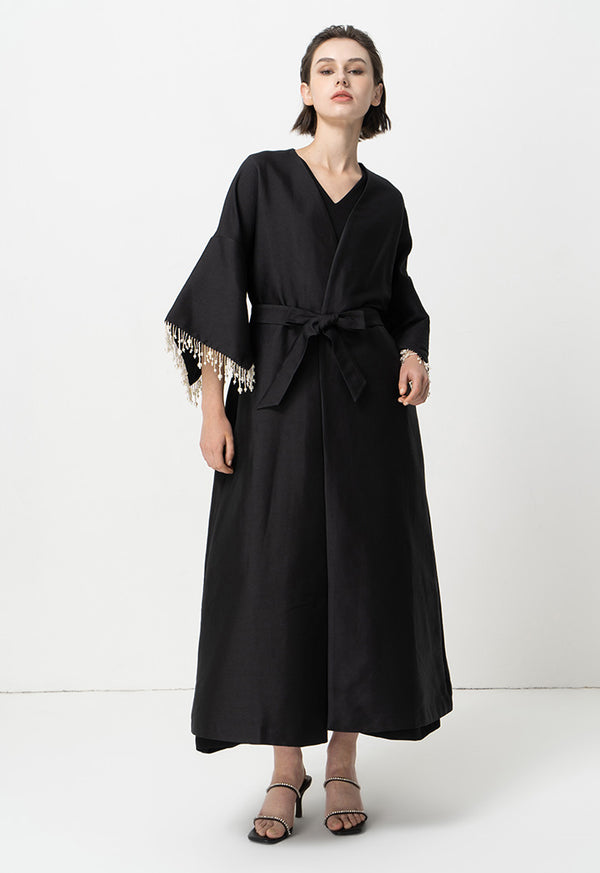 Choice Pearl Detailed Open Front Maxi Abaya With Self Tie Belt Black