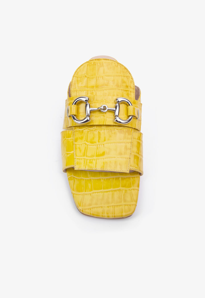 Choice Acrylic Emblem Crocodile Textured Leather Sandals Yellow