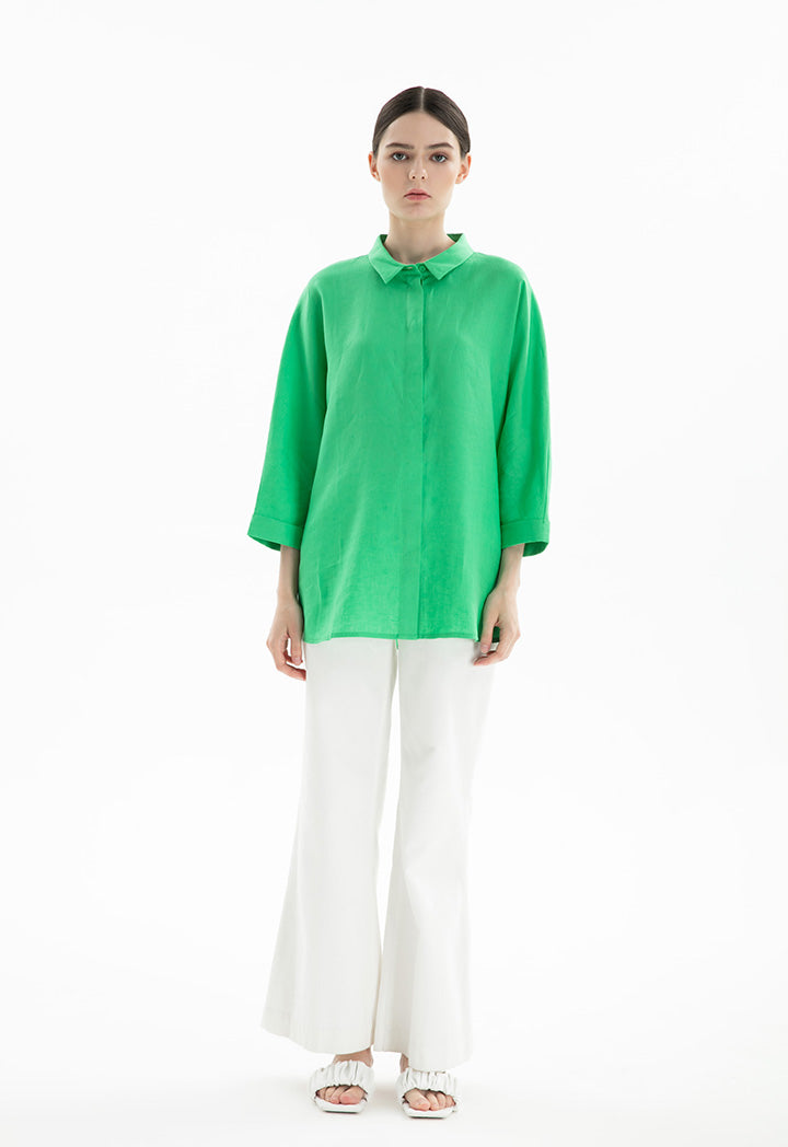 Choice Collared Concealed Buttons Oversized Shirt Green