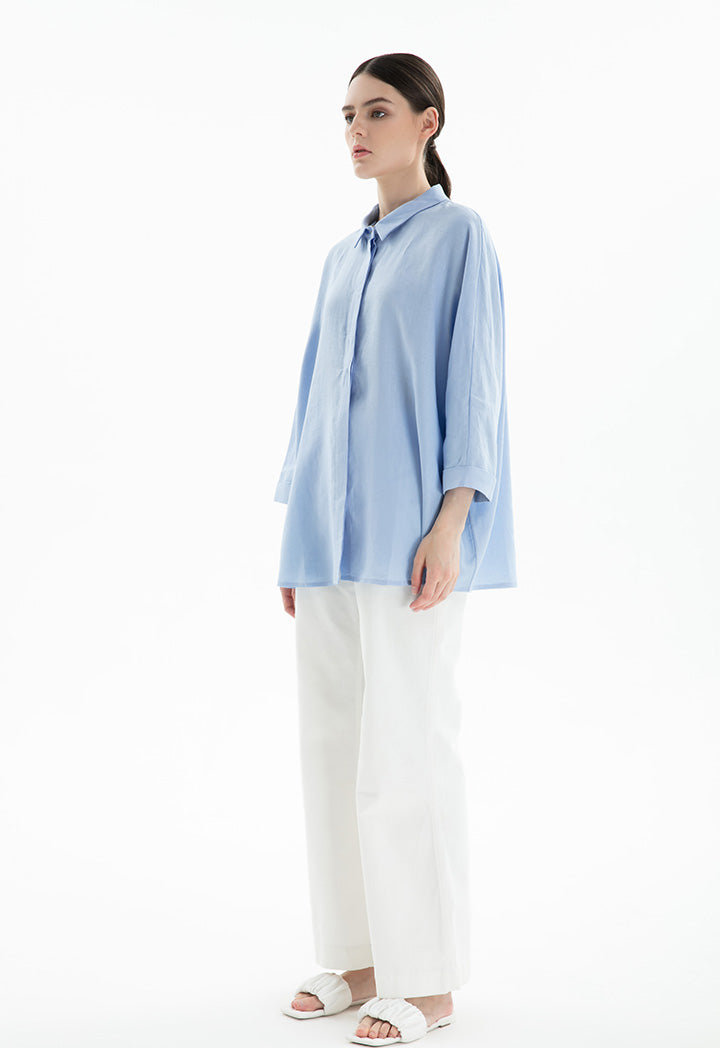 Choice Collared Concealed Buttons Oversized Shirt Blue