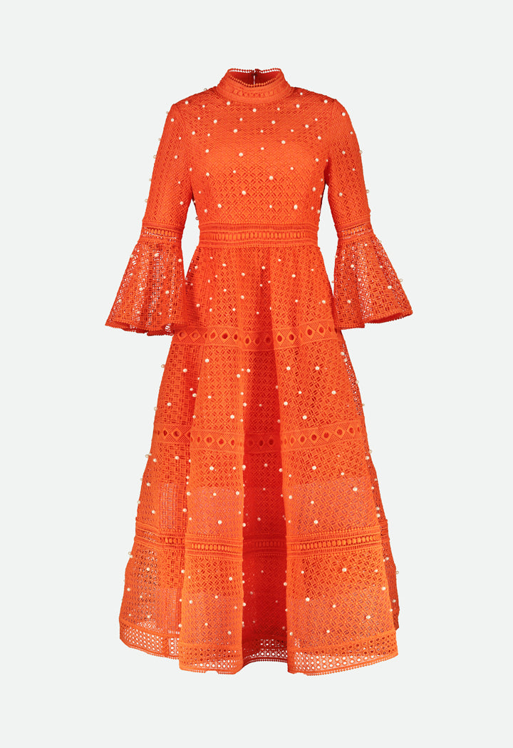 Choice Pearl Studded Schiffli Dress Orange