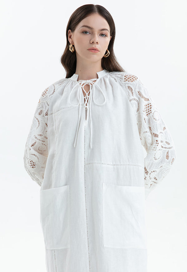 Choice Lace Detail Embroidered Dress Off White