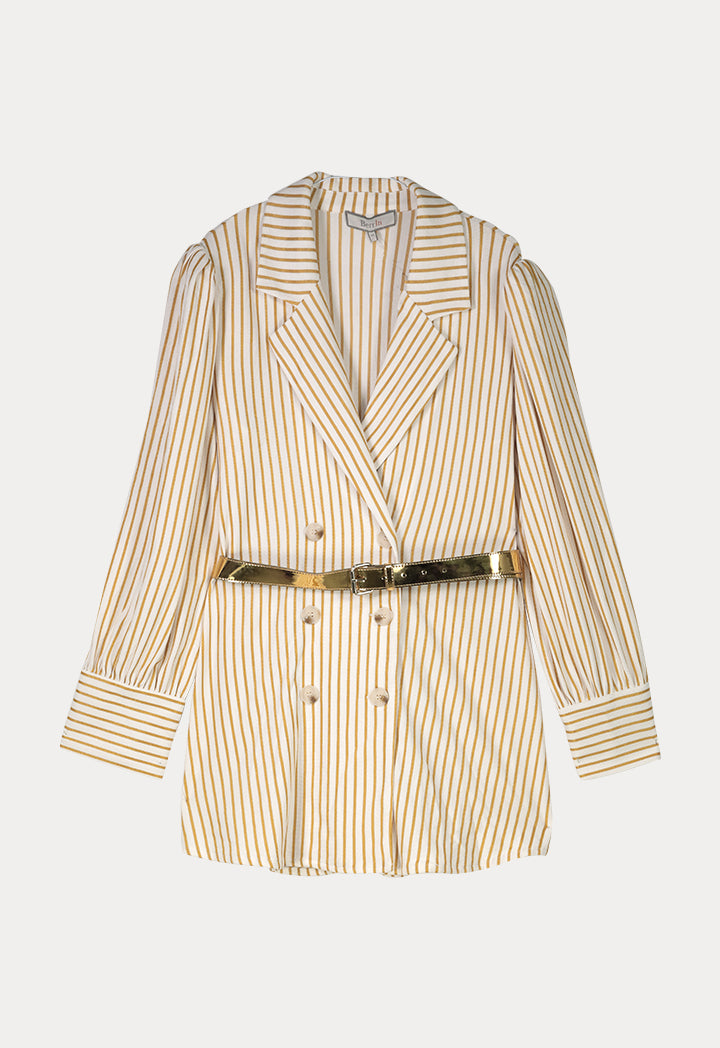 BERRIN Striped Notch Collar Double Breasted Belted Jacket ECRU