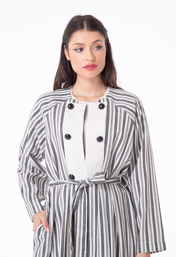 Choice Belted Long Stripes Kimono Cardigan Beige Stripes