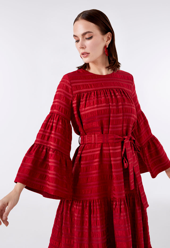 Choice Textured Fabric Layer A-Line Dress Red - Wardrobe Fashion