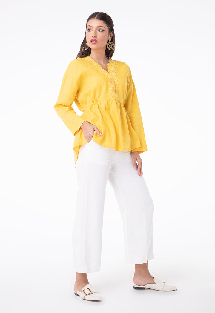 Choice Linen Lace Shirred Blouse Yellow