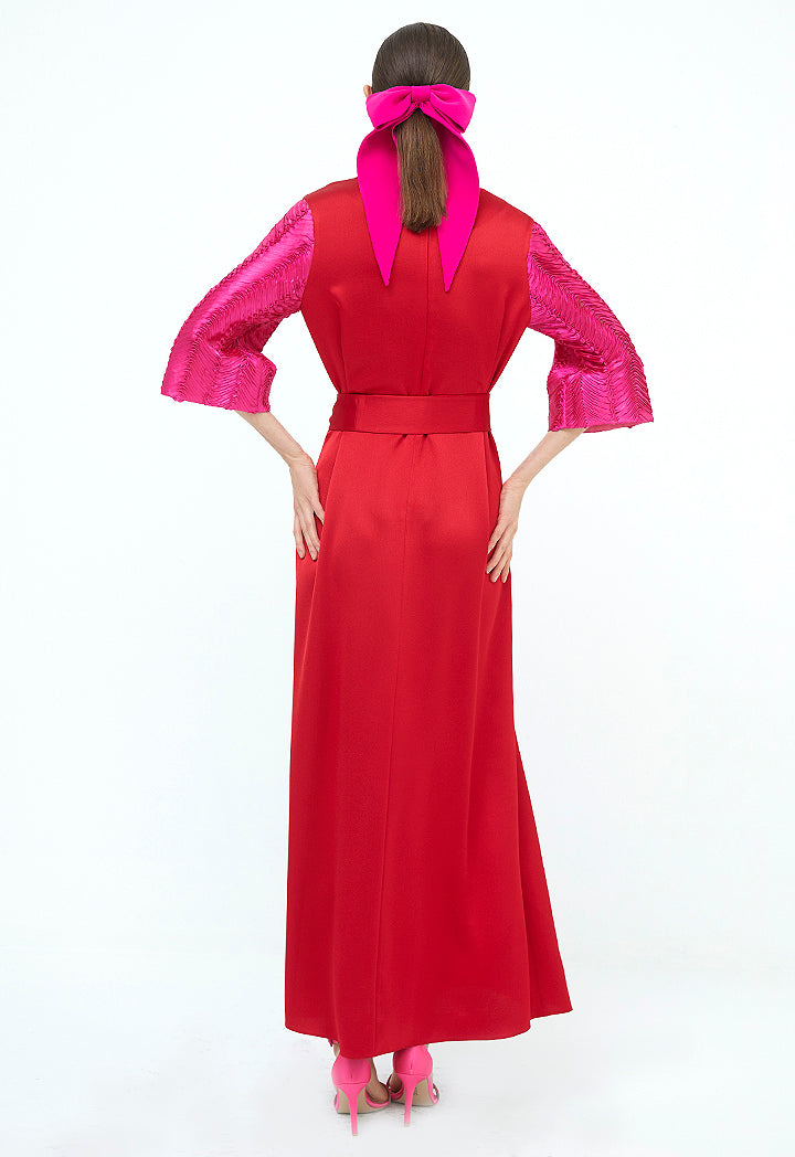 Choice Dual Fabric Long Dress Red - Wardrobe Fashion