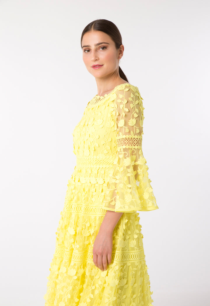 Choice Textured Tulle Lace Trim Dress Yellow