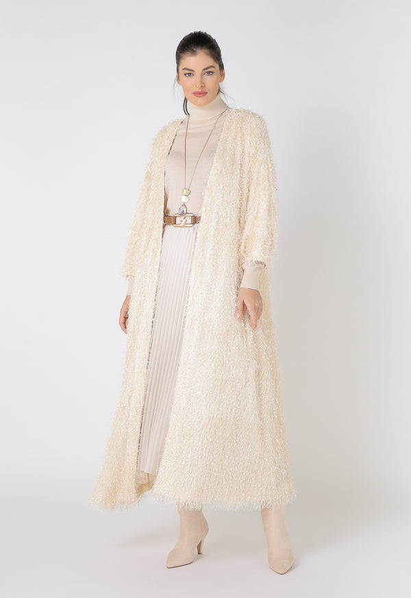Choice Full Fringed Maxi Outerwear Beige