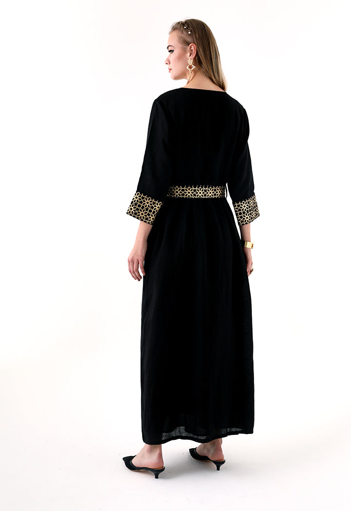 Choice Geometric Gold Print Abaya  Black - Wardrobe Fashion