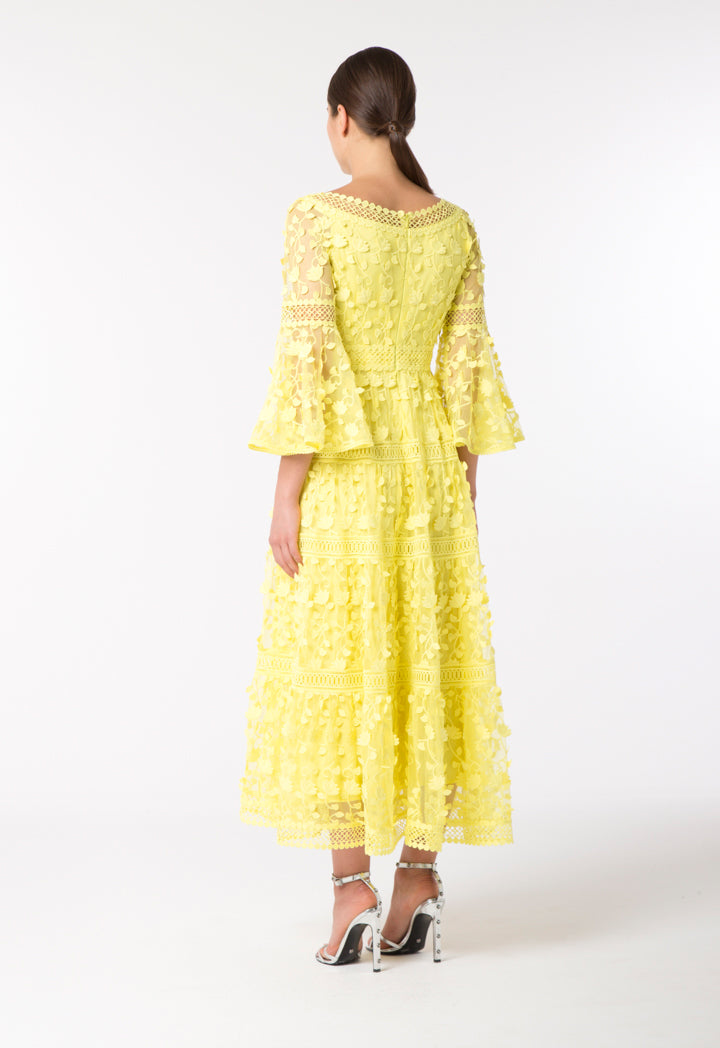 Choice Textured Tulle Lace Trim Dress Yellow