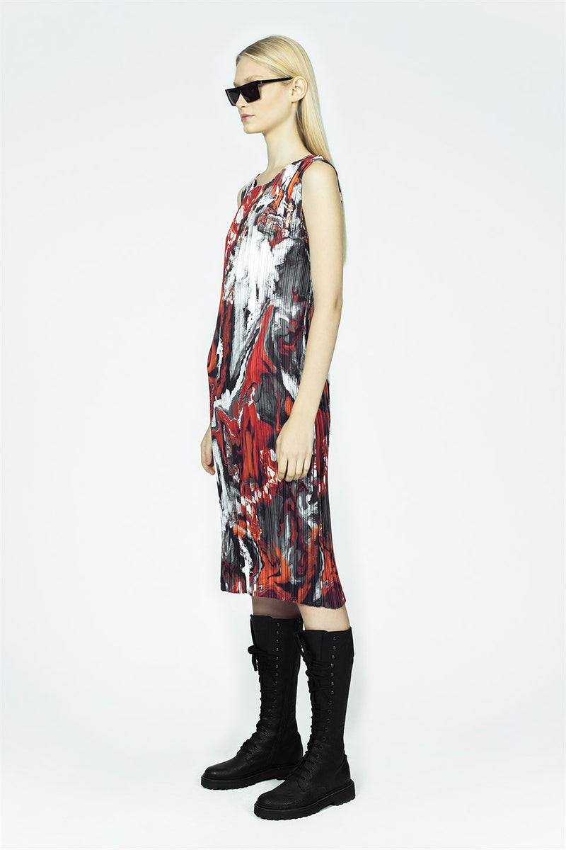 Nu Printed Sleeveless Pleated Midi Dress Multicolor