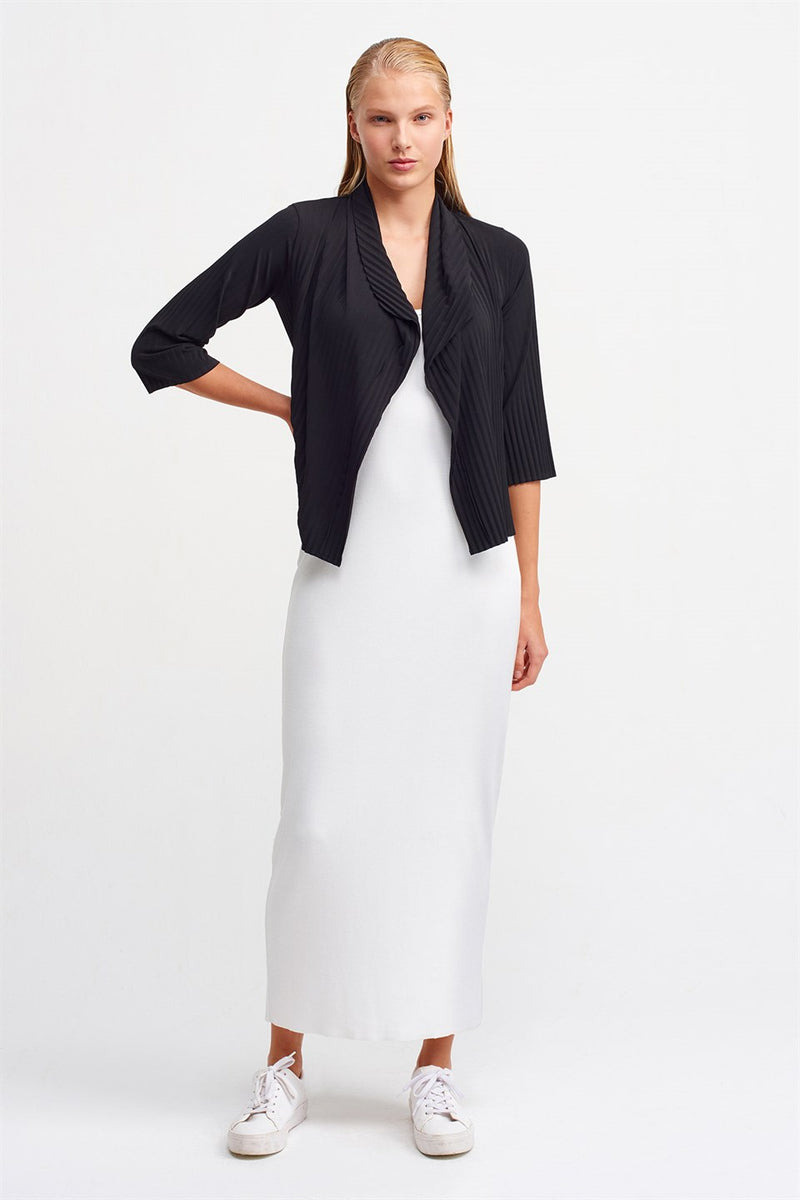 Nu Three-Quarter Sleeve Open-Front Pleated Outerwear Black