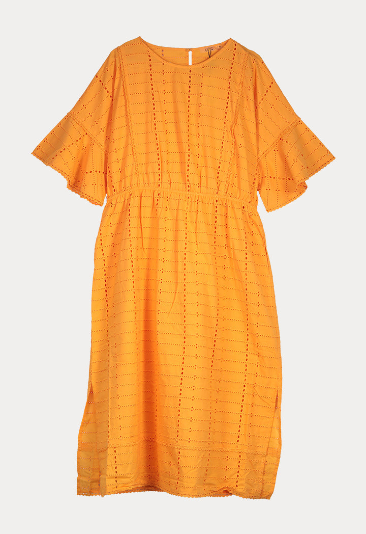 UNQ Die Cut Short Sleeve A-Line Midi Dress ORANGE