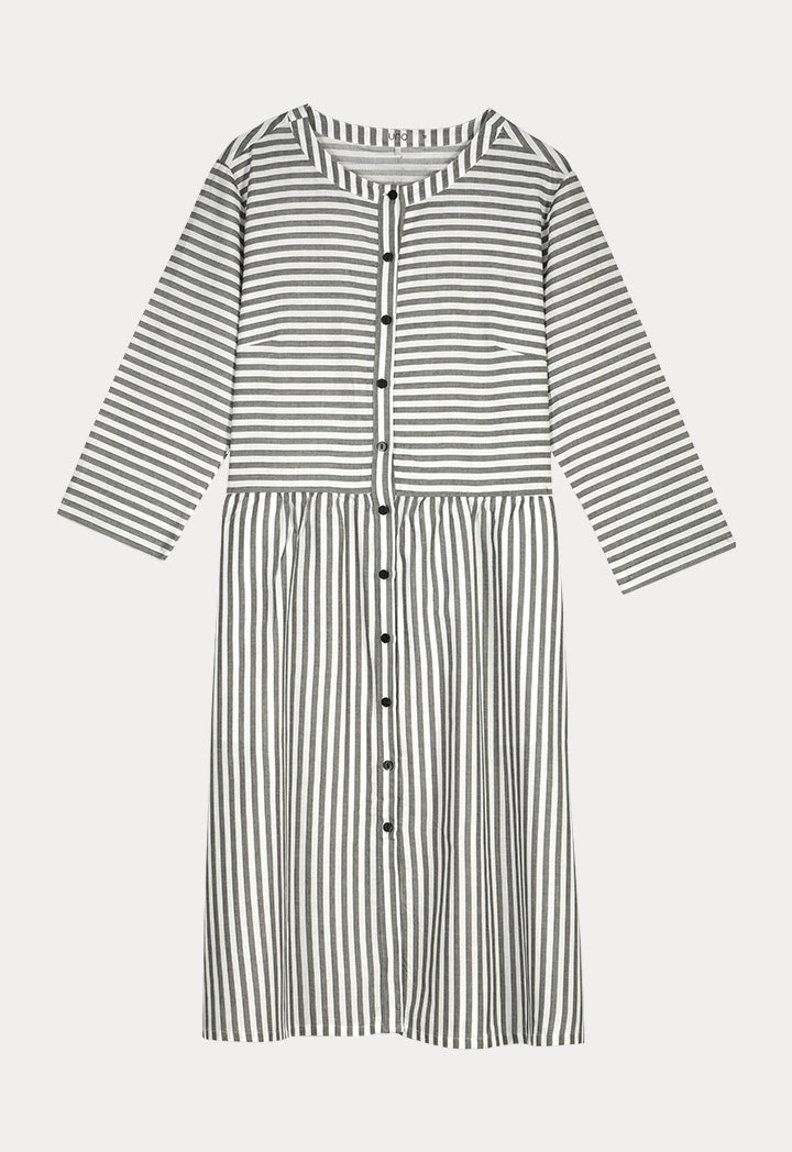 UNQ Striped Long Sleeve A-Line Midi Dress GREY
