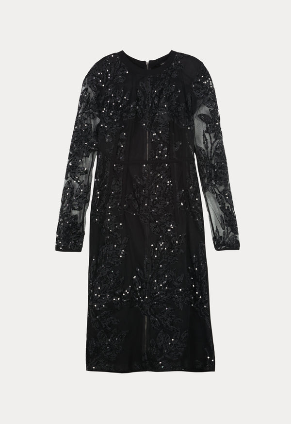 Kameya Long Sleeve Embroidered Detail Sheath Midi Dress Black