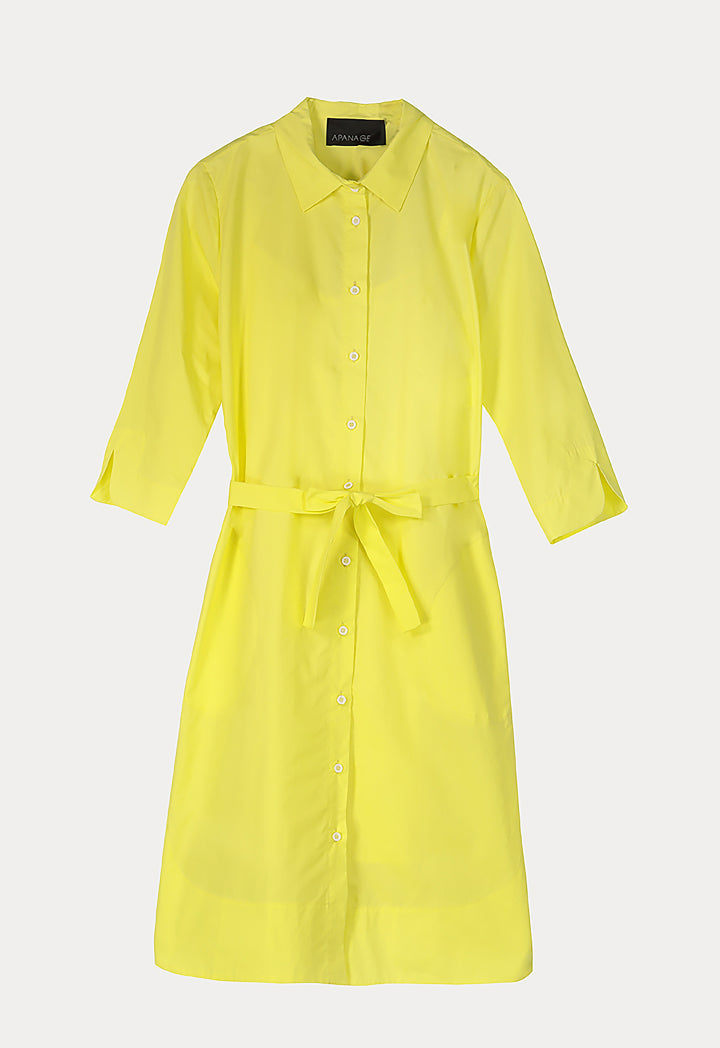 Apanage Short Sleeve Belted A-Line Shirt Dress Yellow