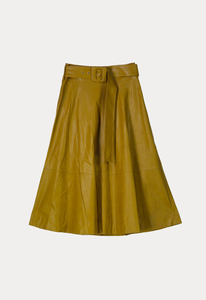 Kameya High Waist Belted A-Line Midi Skirt Oil Green