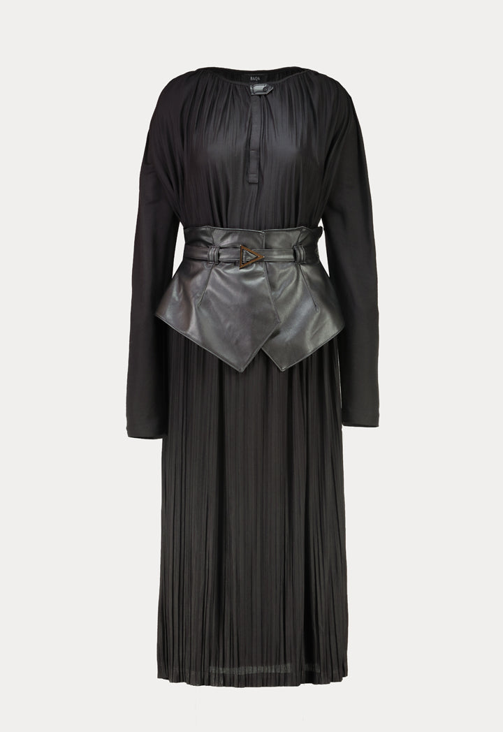 Baqa Pleated Dress With Leather Belt Black