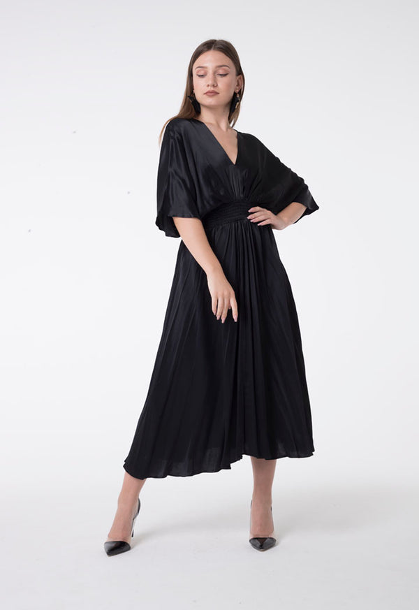 Nocturne Short Sleeve Elastic Waist Pleated Midi Dress Black