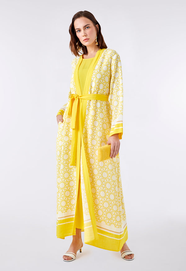 Choice Long Printed Linen Kimono Yellow Print - Wardrobe Fashion