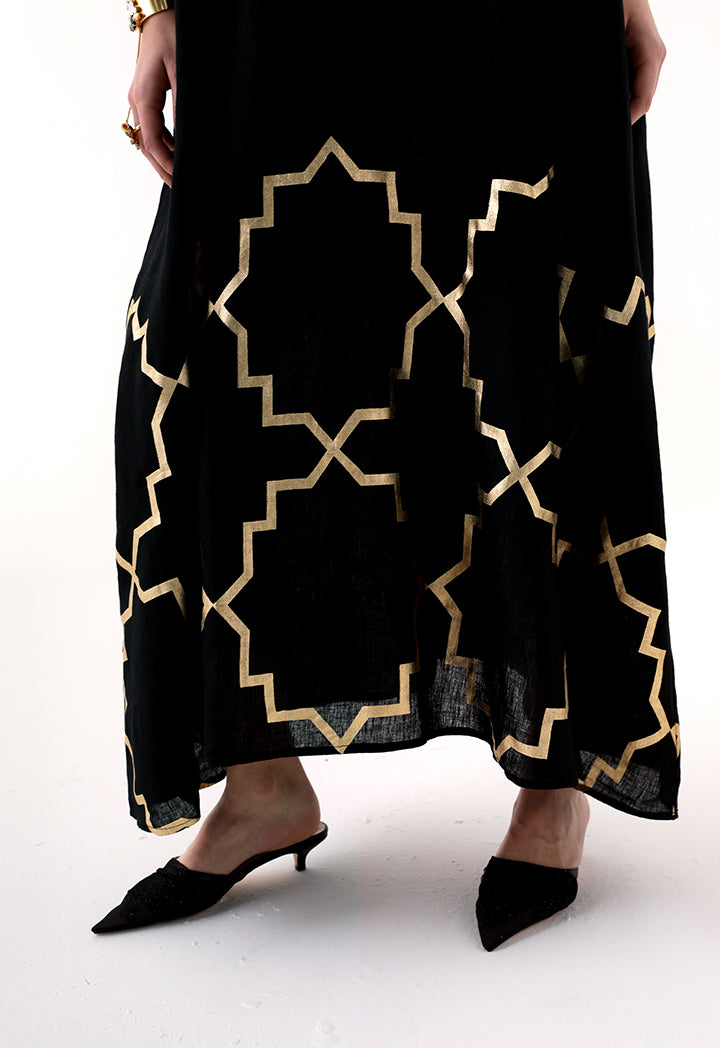 Choice Detailed Hem Print Linen Abaya Black - Wardrobe Fashion