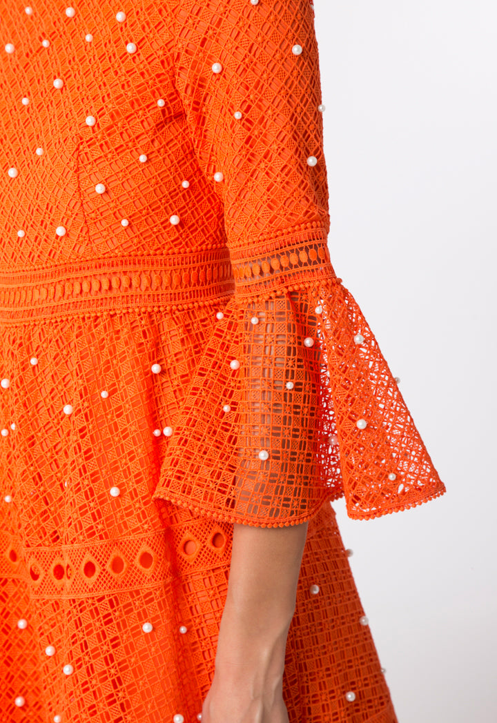 Choice Pearl Studded Schiffli Dress Orange