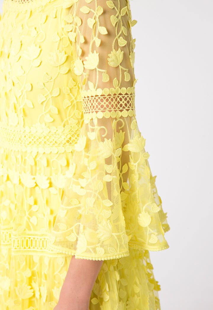 Choice Textured Tulle Lace Trim Dress Yellow