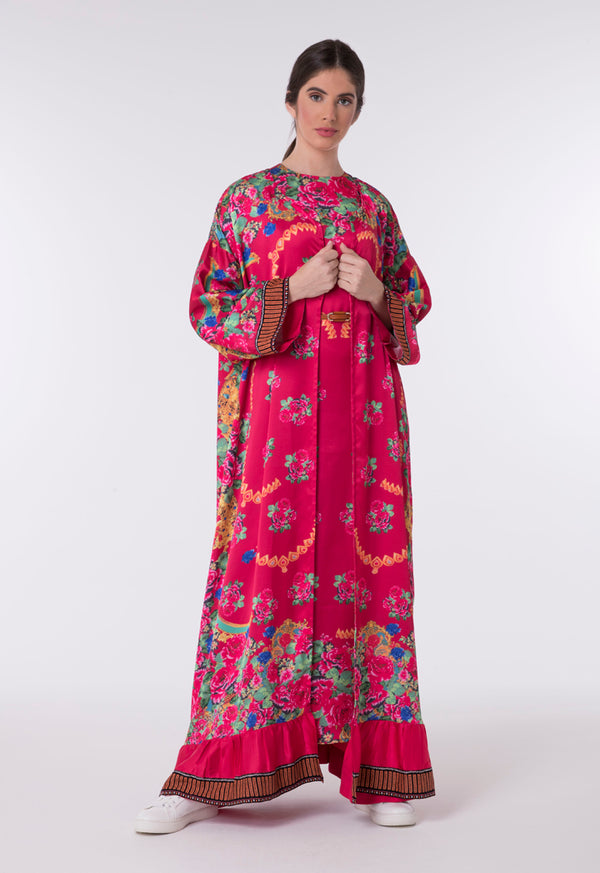 Choice Floral Print Long Outerwear  Red Print - Wardrobe Fashion