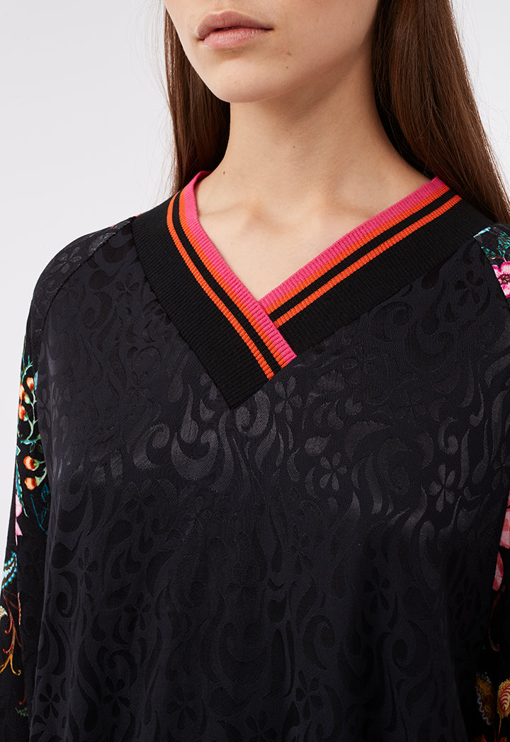 Choice Black Floral Ribbed Trim Top Black Multi