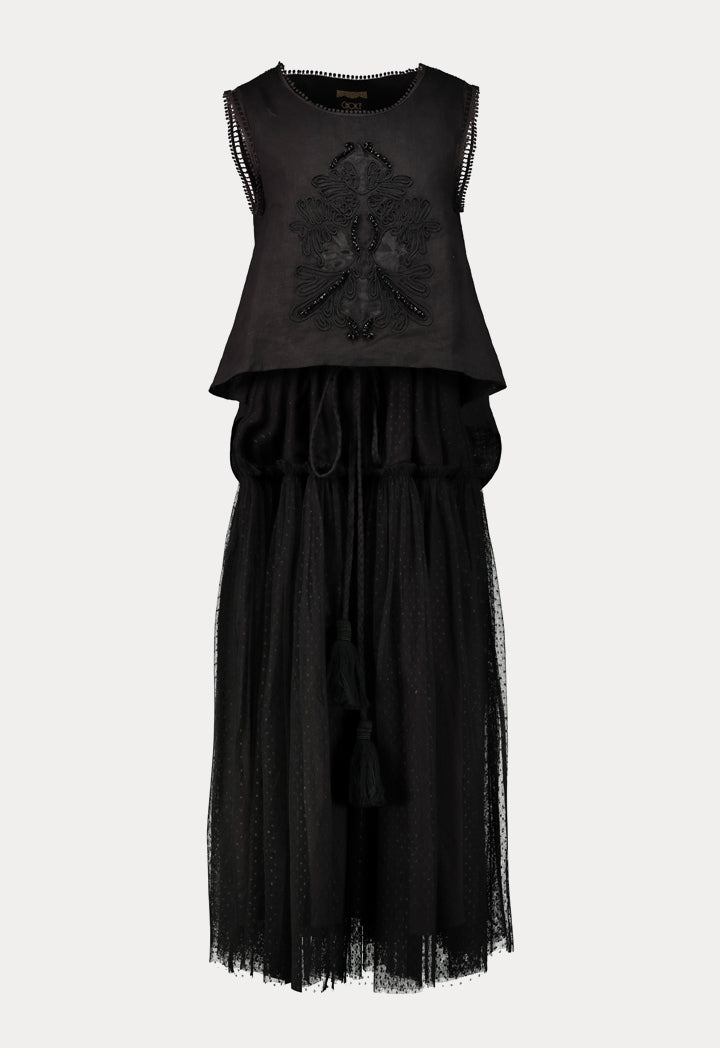 Choice Overlay Sleeveless Polka Dot Mesh Dress Black - Wardrobe Fashion