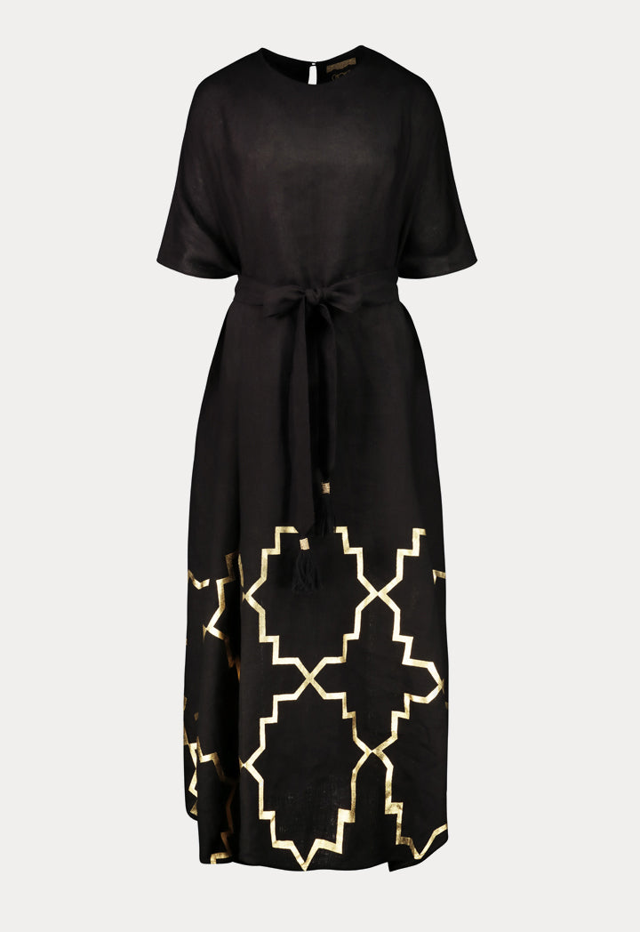 Choice Detailed Hem Print Linen Abaya Black - Wardrobe Fashion