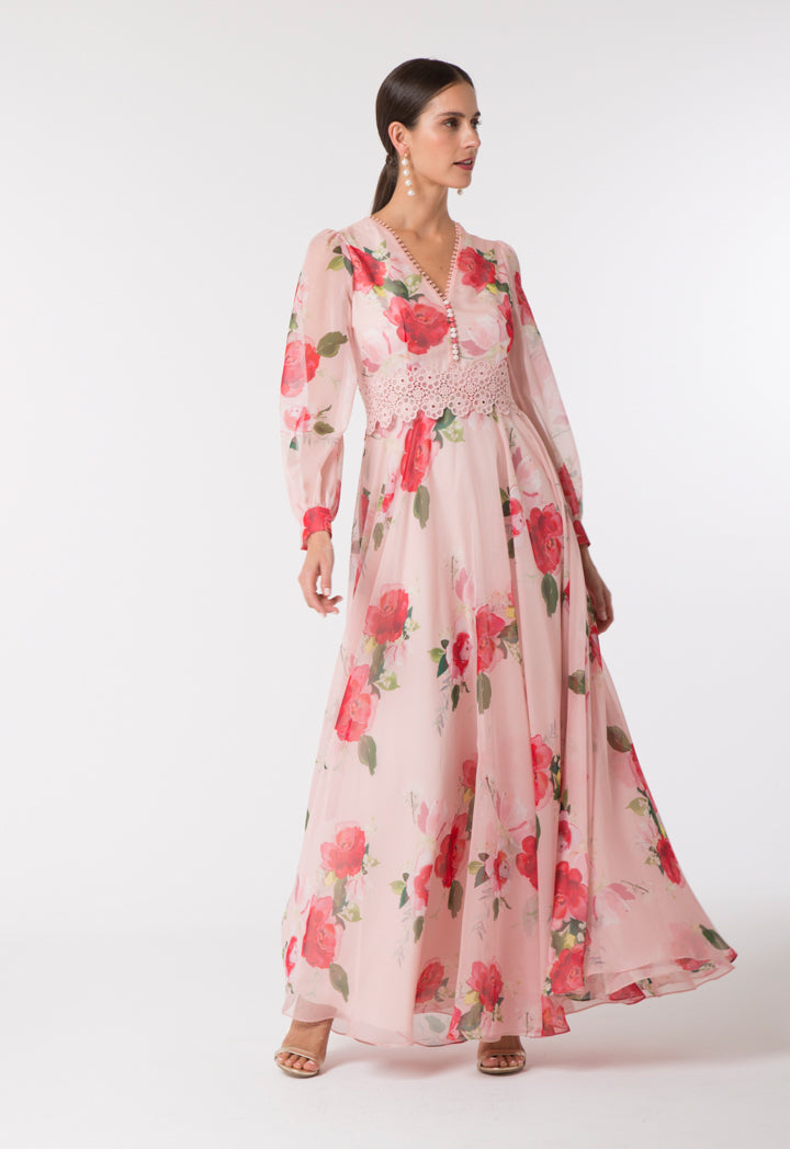 Choice Elegant Floral Chiffon Dress Pinkish Floral