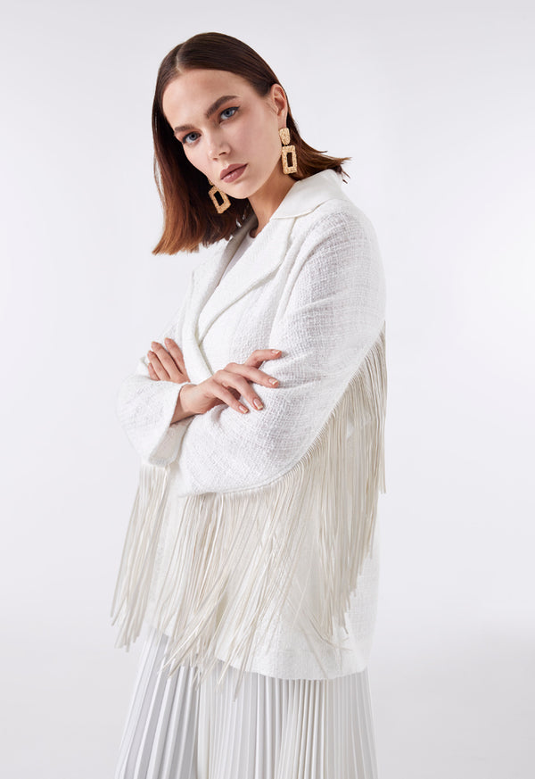 Choice Back Fringe Tweed Outerwear Off White - Wardrobe Fashion