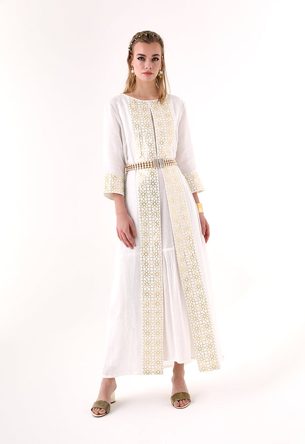 Choice Geometric Gold Print Abaya  Offwhite - Wardrobe Fashion