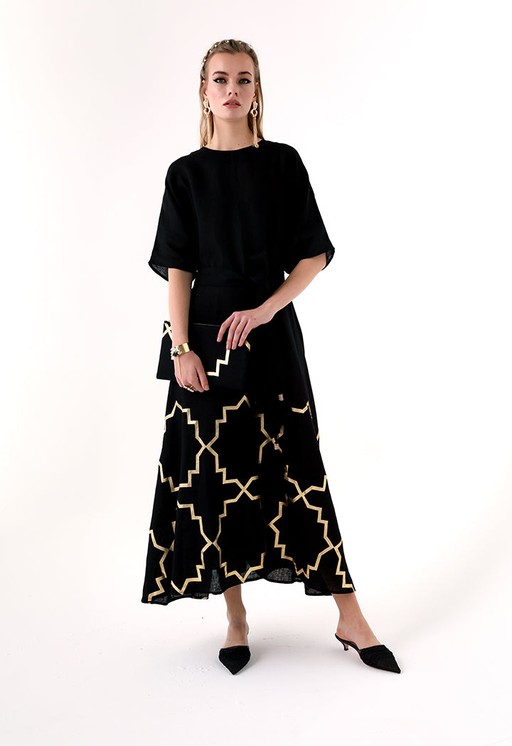 Choice Detailed Hem Print Linen Abaya Black - Wardrobe Fashion