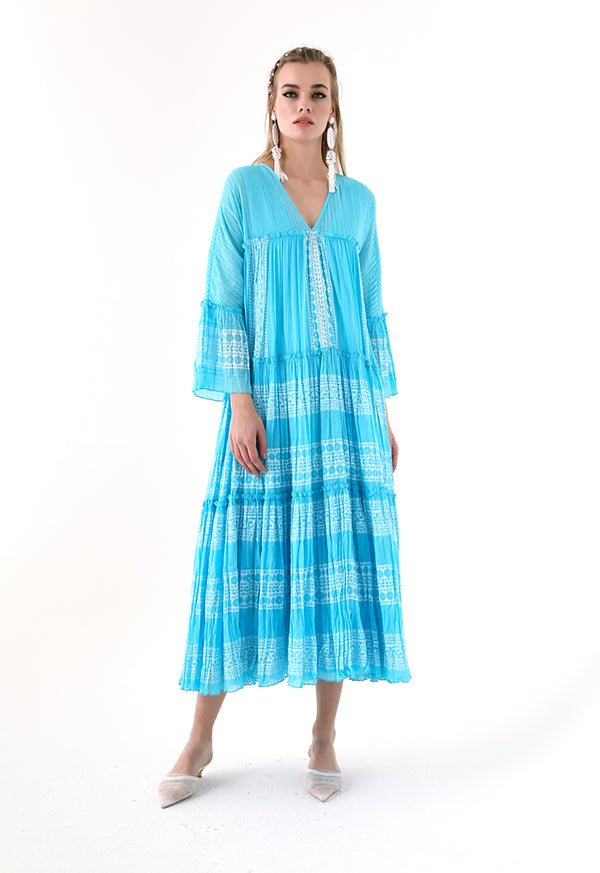 Choice Printed V-Neck Tiered Dress Blue - Wardrobe Fashion