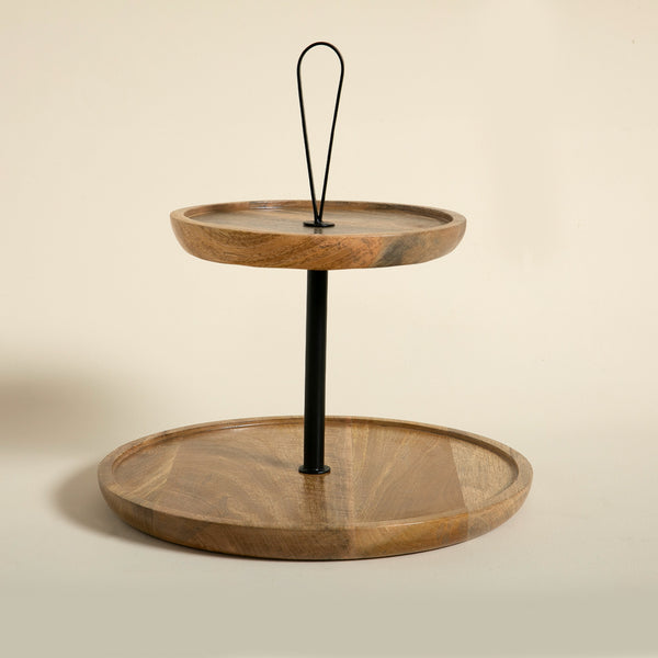 Chakra 2 Tier Cake Stand With Iron Handle 33X33Cm Natural