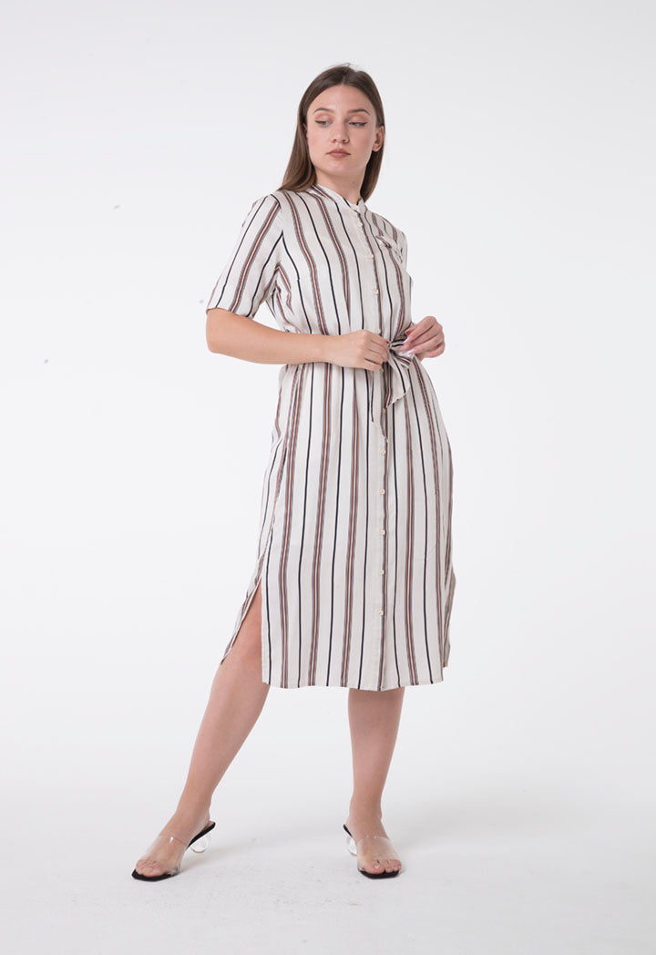 Apanage Striped Short Sleeve Belted Midi Dress Multi Color
