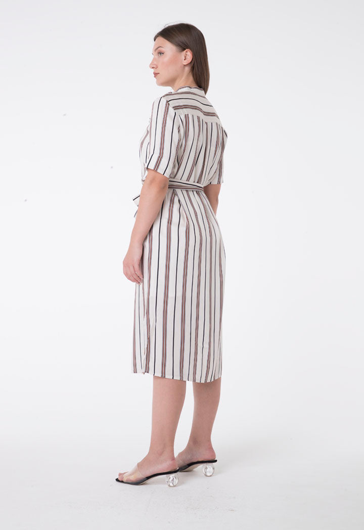 Apanage Striped Short Sleeve Belted Midi Dress Multi Color