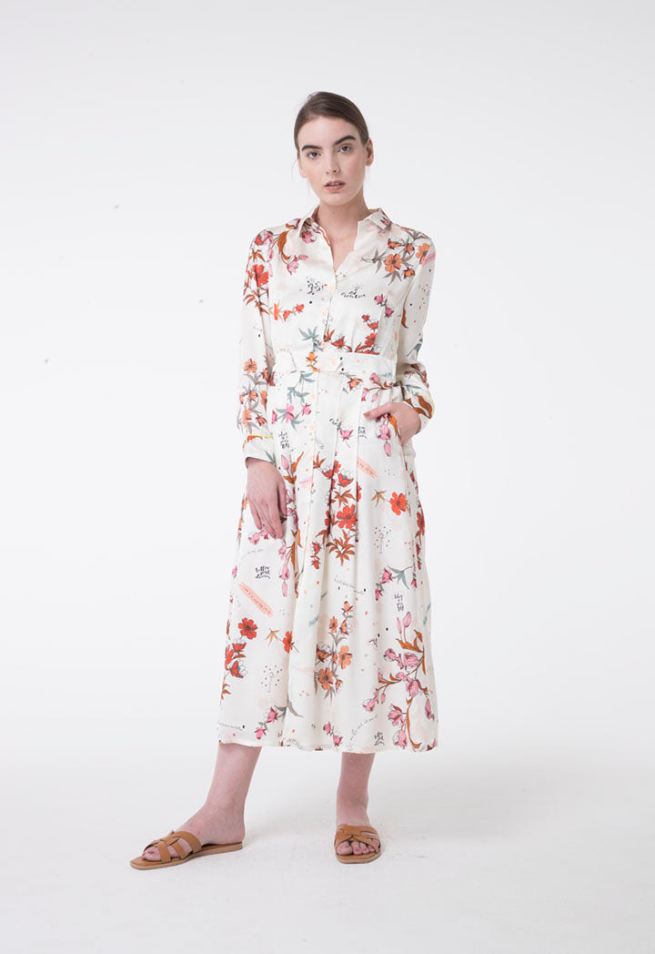 Apanage Floral Print Long Sleeve A-Line Maxi Shirt Dress Multi Color