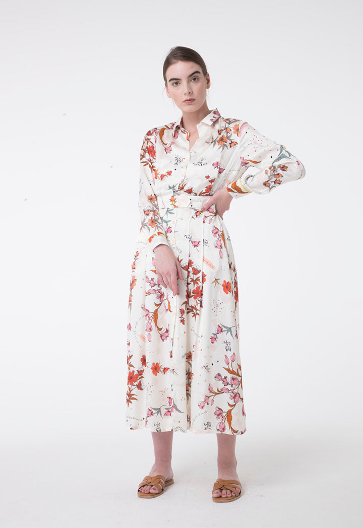 Apanage Floral Print Long Sleeve A-Line Maxi Shirt Dress Multi Color