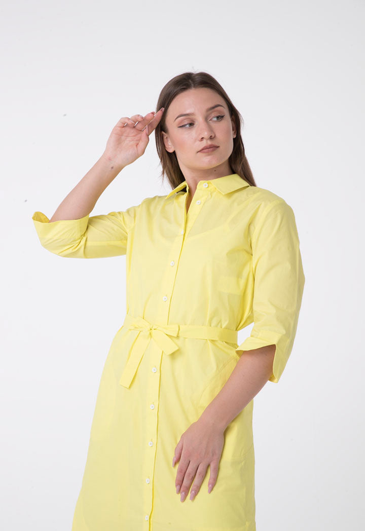 Apanage Short Sleeve Belted A-Line Shirt Dress Yellow