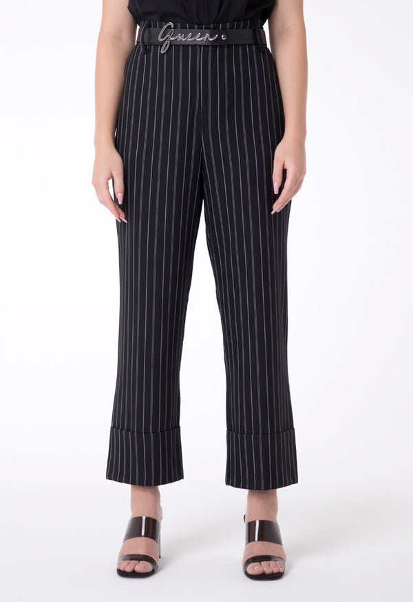 BERRIN Striped High Waist Belted Trouser BLACK